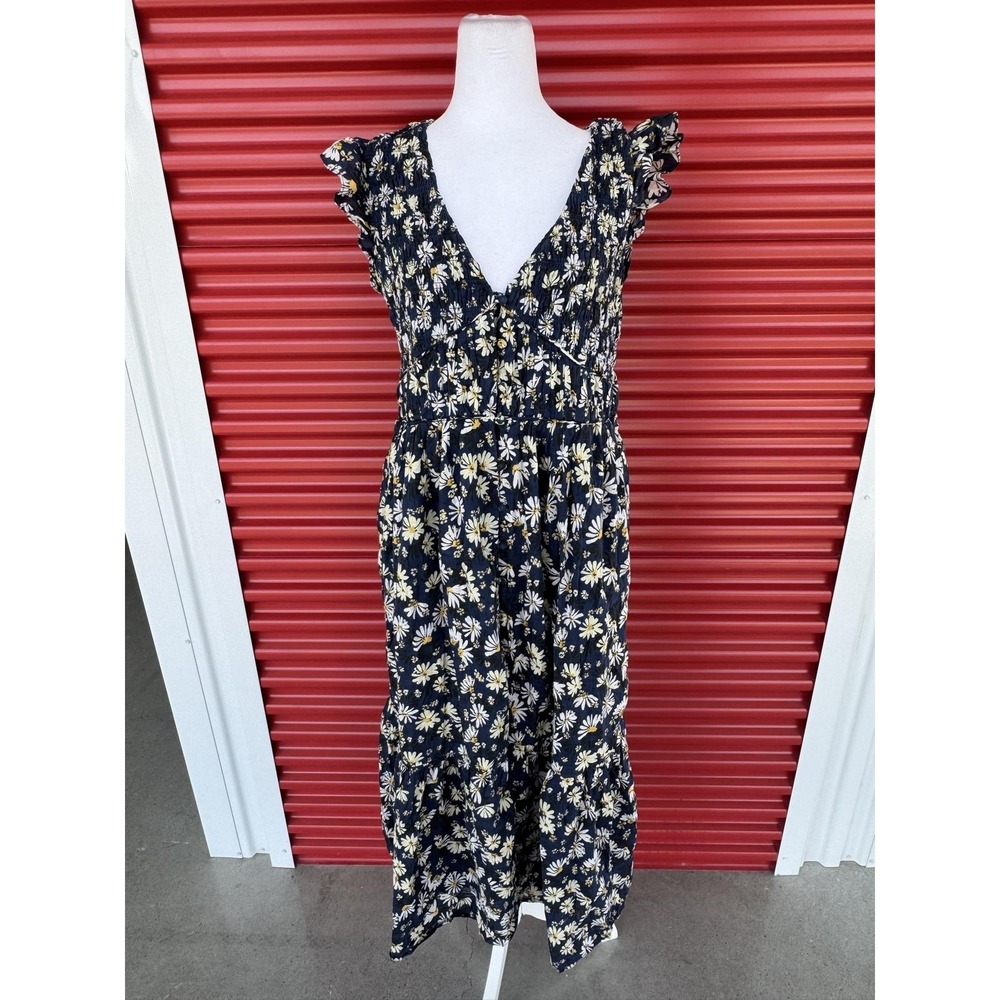 Anthropologie Dress Womens XL Blue Floral Smocked Maxi Sundress Flutter Sleeve